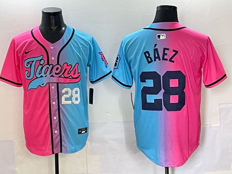 Men 2025 Detroit Tigers 28 Baez Blue pink Game Nike MLB Jersey style 05